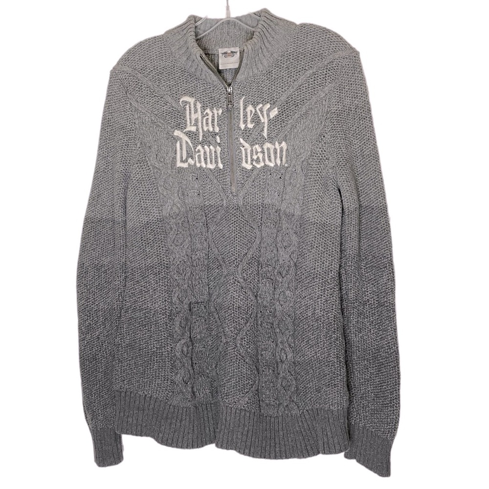 Harley Davidson Ombré Gray Cable Knit Embroidery Front 3/4 Zip Pull Over Sweater - Picture 11 of 12